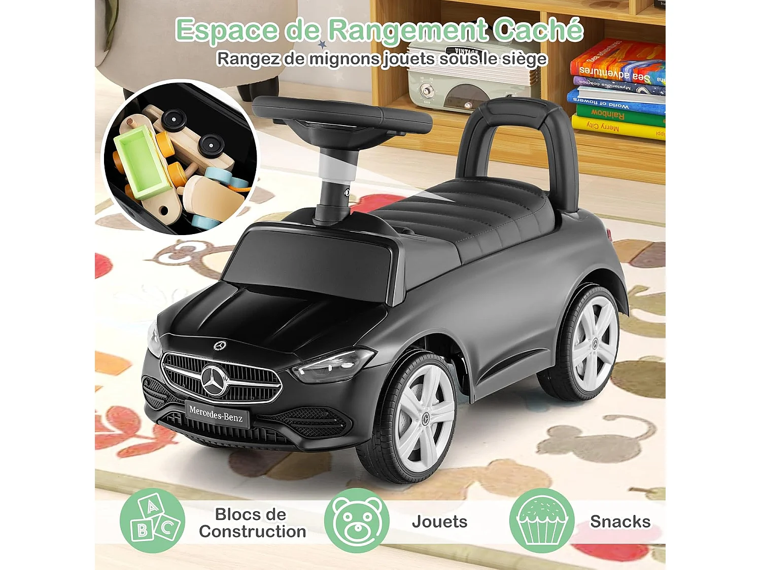 Porteur Enfant avec Volant & Klaxon & Son de Moteur, Voiture Mercedes-Benz Enfant avec Coffre à Jouets, Dispositif Anti-basculement, Charge 25kg pour 1-3 Ans (Noir)