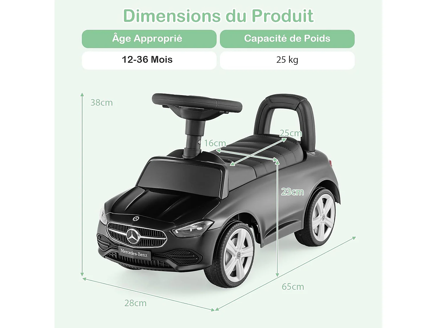 Porteur Enfant avec Volant & Klaxon & Son de Moteur, Voiture Mercedes-Benz Enfant avec Coffre à Jouets, Dispositif Anti-basculement, Charge 25kg pour 1-3 Ans (Noir)