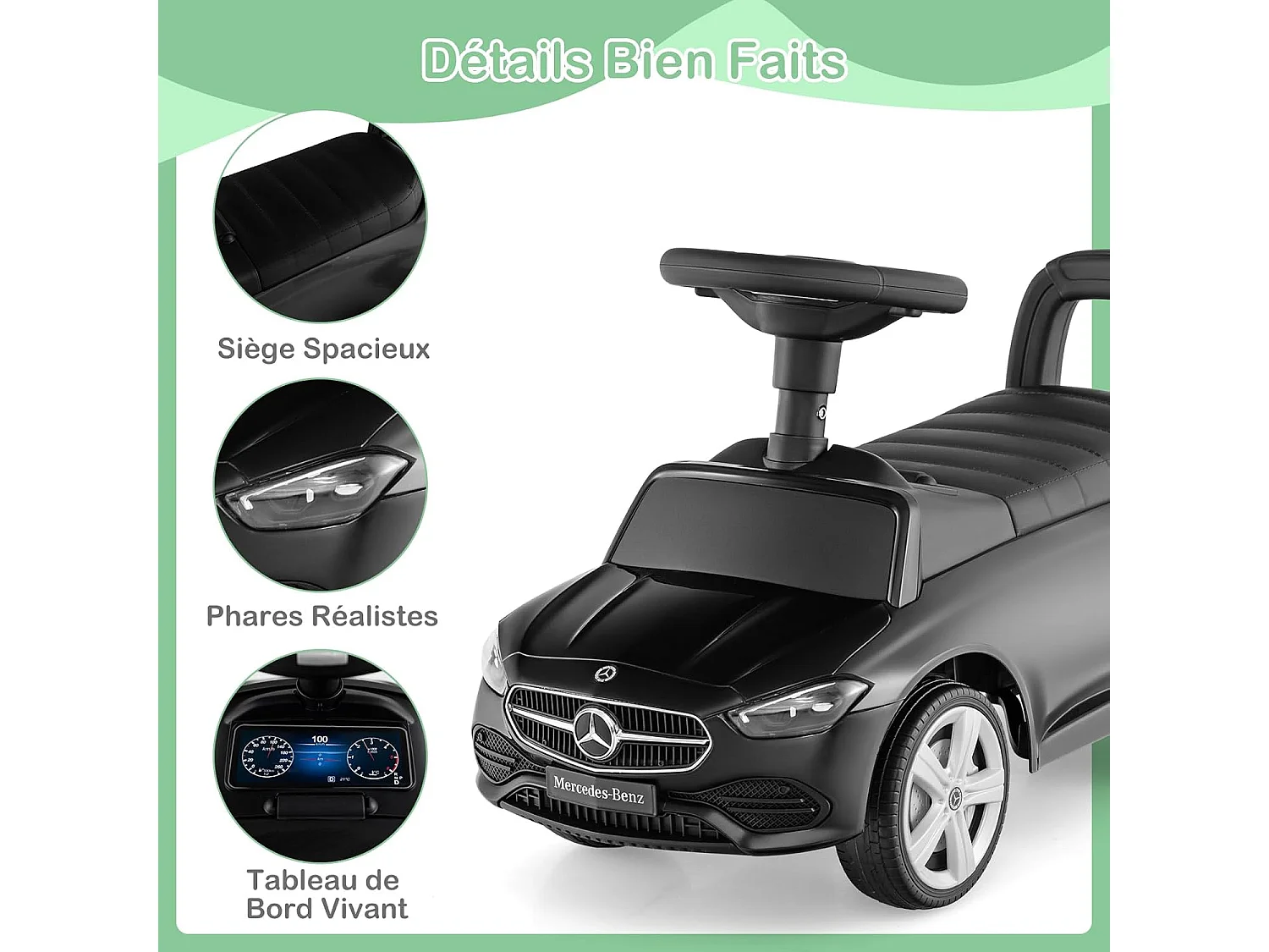 Porteur Enfant avec Volant & Klaxon & Son de Moteur, Voiture Mercedes-Benz Enfant avec Coffre à Jouets, Dispositif Anti-basculement, Charge 25kg pour 1-3 Ans (Noir)