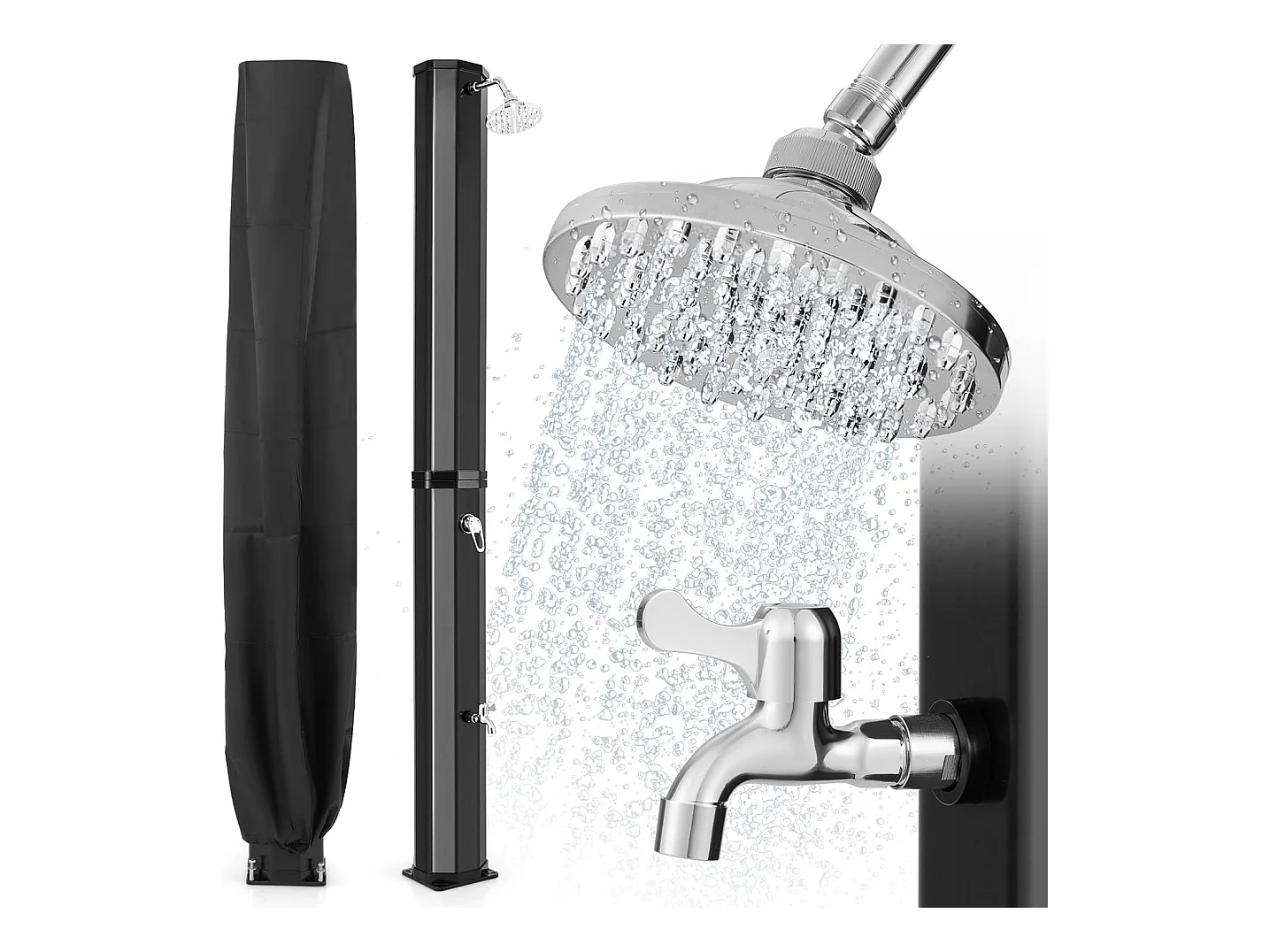 Douche Solaire d’Extérieur 60 L, Douche de Jardin à Chauffage 227 cm avec Pommeau de Douche Pivotant, avec Housse de Protection, pour Piscine Plage (Noir)