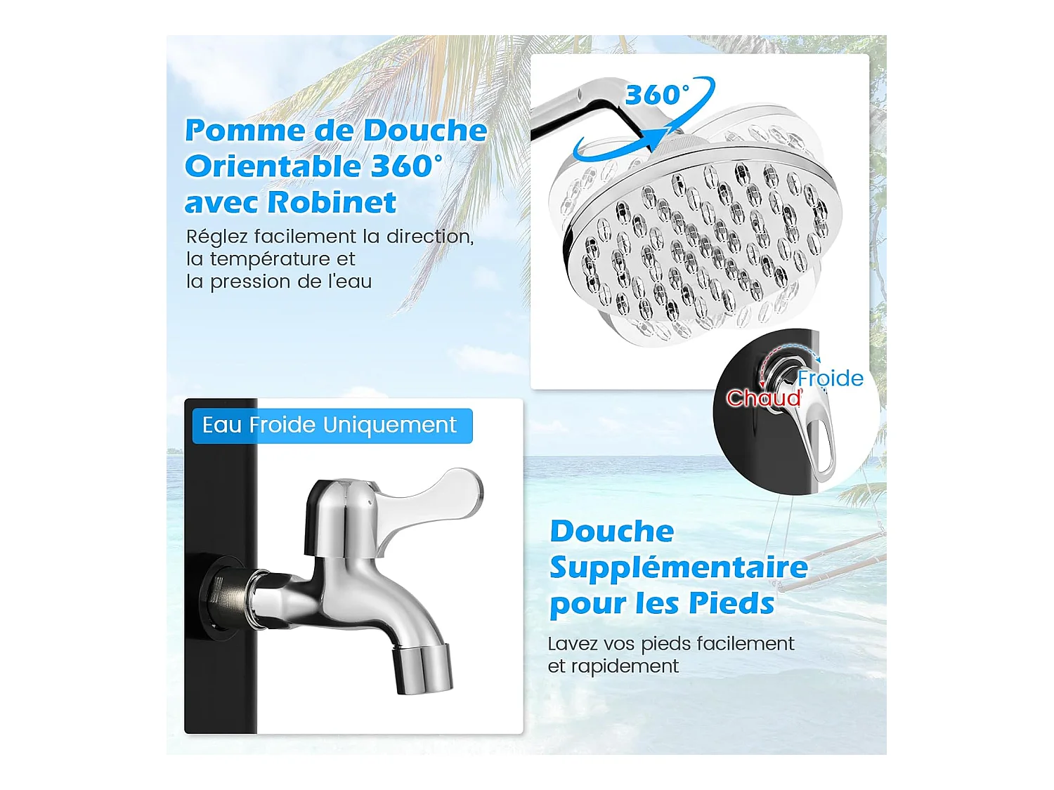 Douche Solaire d’Extérieur 60 L, Douche de Jardin à Chauffage 227 cm avec Pommeau de Douche Pivotant, avec Housse de Protection, pour Piscine Plage (Noir)