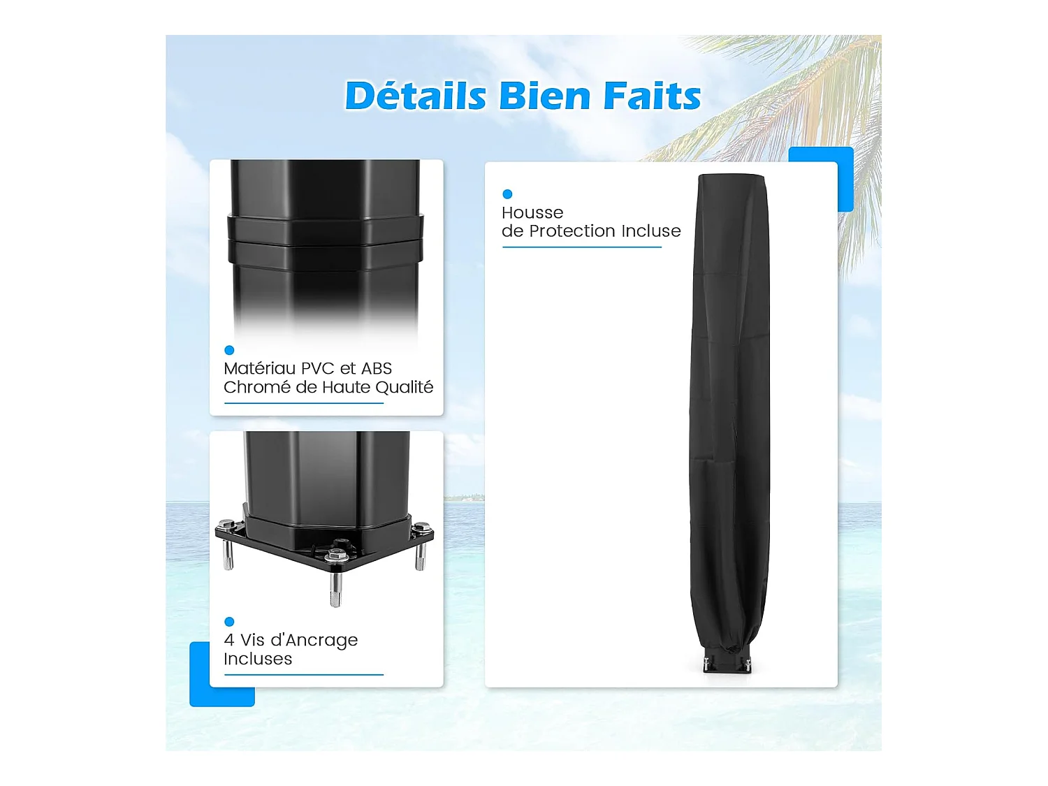 Douche Solaire d’Extérieur 60 L, Douche de Jardin à Chauffage 227 cm avec Pommeau de Douche Pivotant, avec Housse de Protection, pour Piscine Plage (Noir)