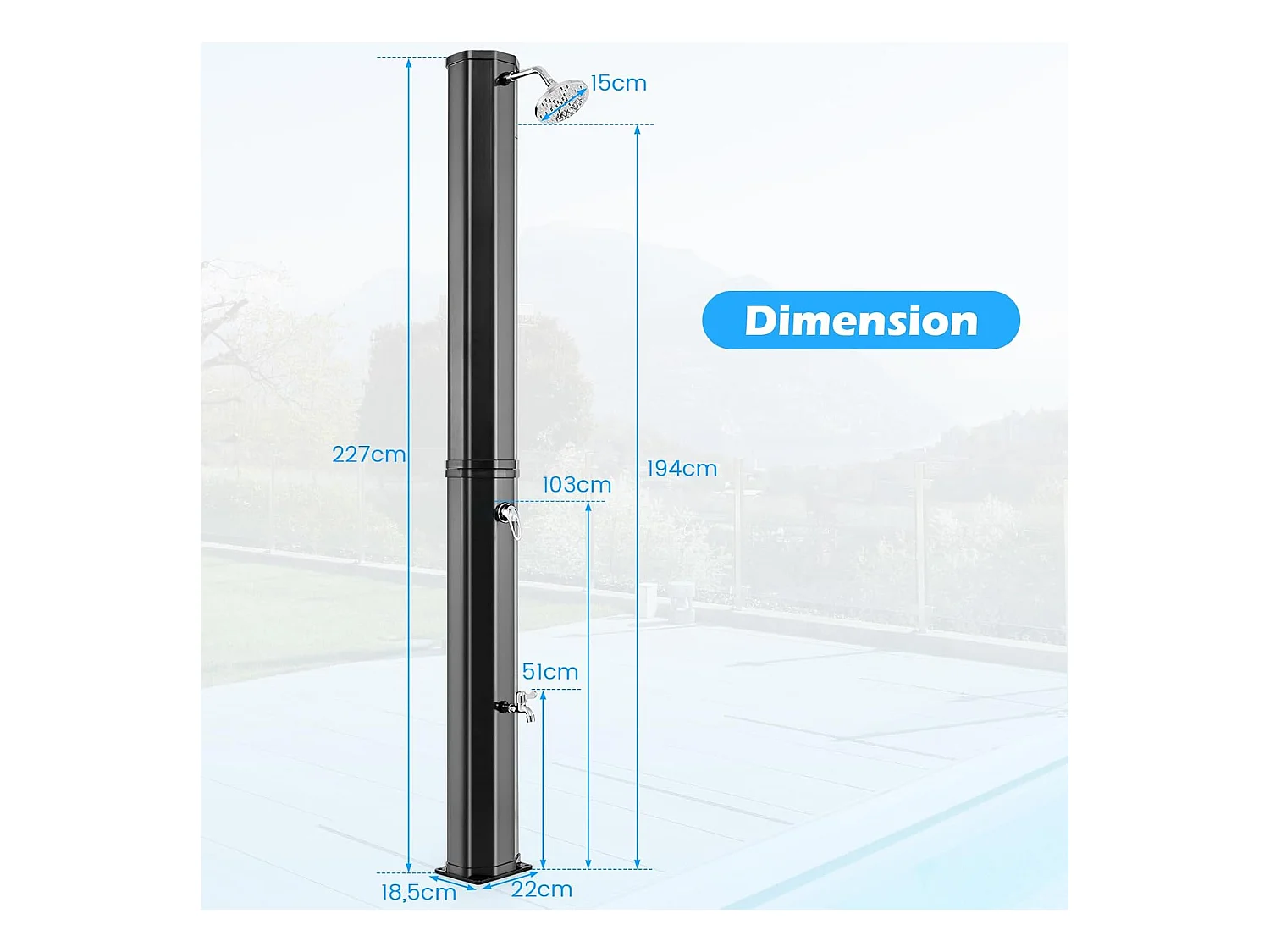 Douche Solaire d’Extérieur 60 L, Douche de Jardin à Chauffage 227 cm avec Pommeau de Douche Pivotant, avec Housse de Protection, pour Piscine Plage (Noir)