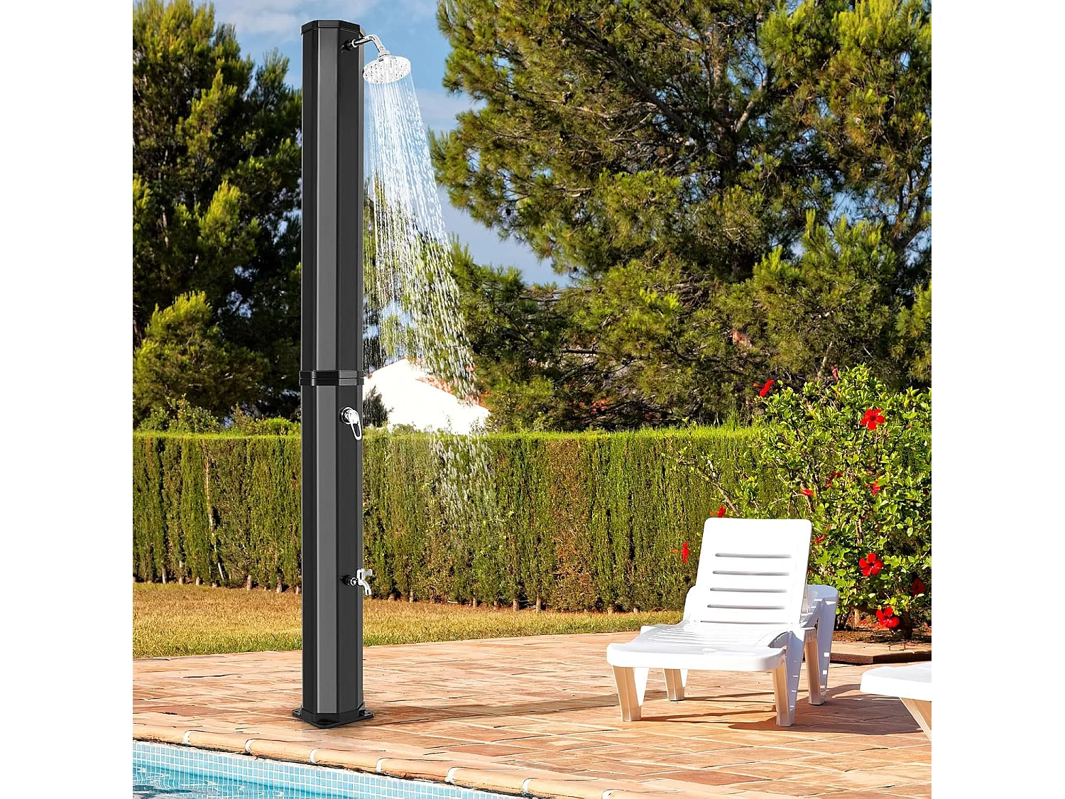 Douche Solaire d’Extérieur 60 L, Douche de Jardin à Chauffage 227 cm avec Pommeau de Douche Pivotant, avec Housse de Protection, pour Piscine Plage (Noir)