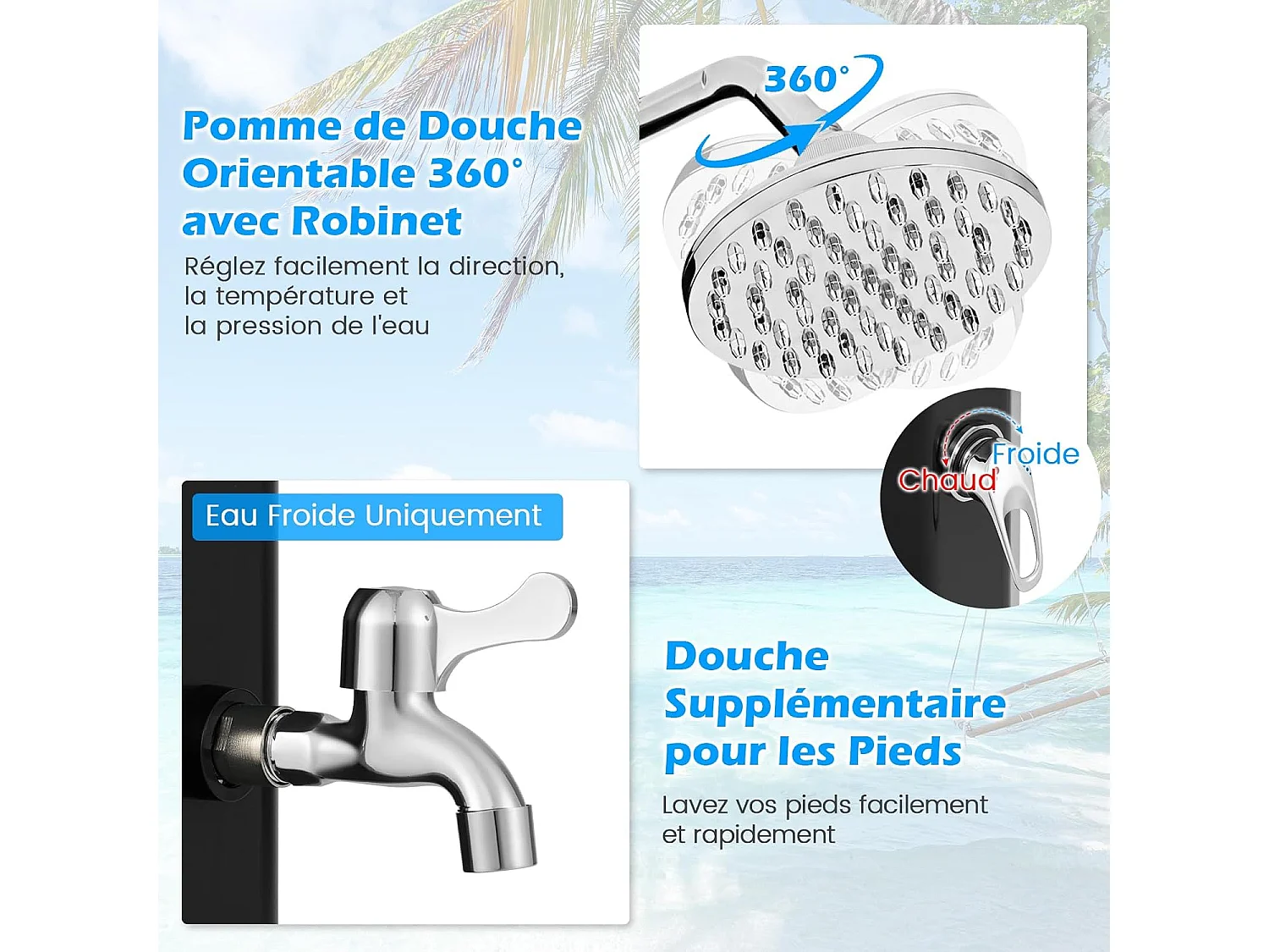 Douche Solaire d’Extérieur 60 L, Douche de Jardin à Chauffage 227 cm avec Pommeau de Douche Pivotant, avec Housse de Protection, pour Piscine Plage (Noir)