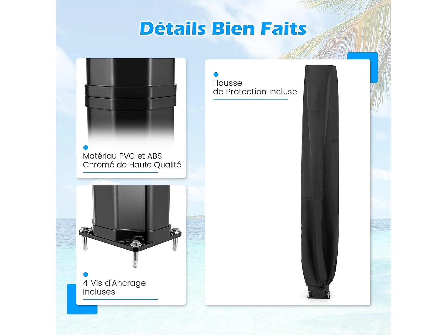 Douche Solaire d’Extérieur 60 L, Douche de Jardin à Chauffage 227 cm avec Pommeau de Douche Pivotant, avec Housse de Protection, pour Piscine Plage (Noir)