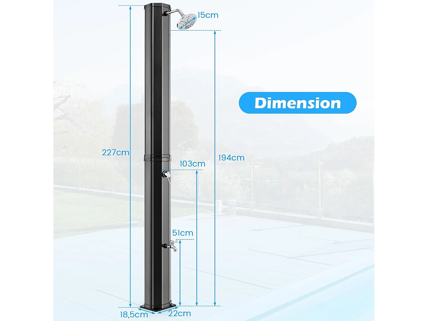 Douche Solaire d’Extérieur 60 L, Douche de Jardin à Chauffage 227 cm avec Pommeau de Douche Pivotant, avec Housse de Protection, pour Piscine Plage (Noir)