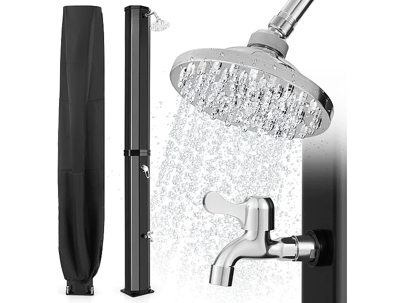 Douche Solaire d’Extérieur 60 L, Douche de Jardin à Chauffage 227 cm avec Pommeau de Douche Pivotant, avec Housse de Protection, pour Piscine Plage (Noir)