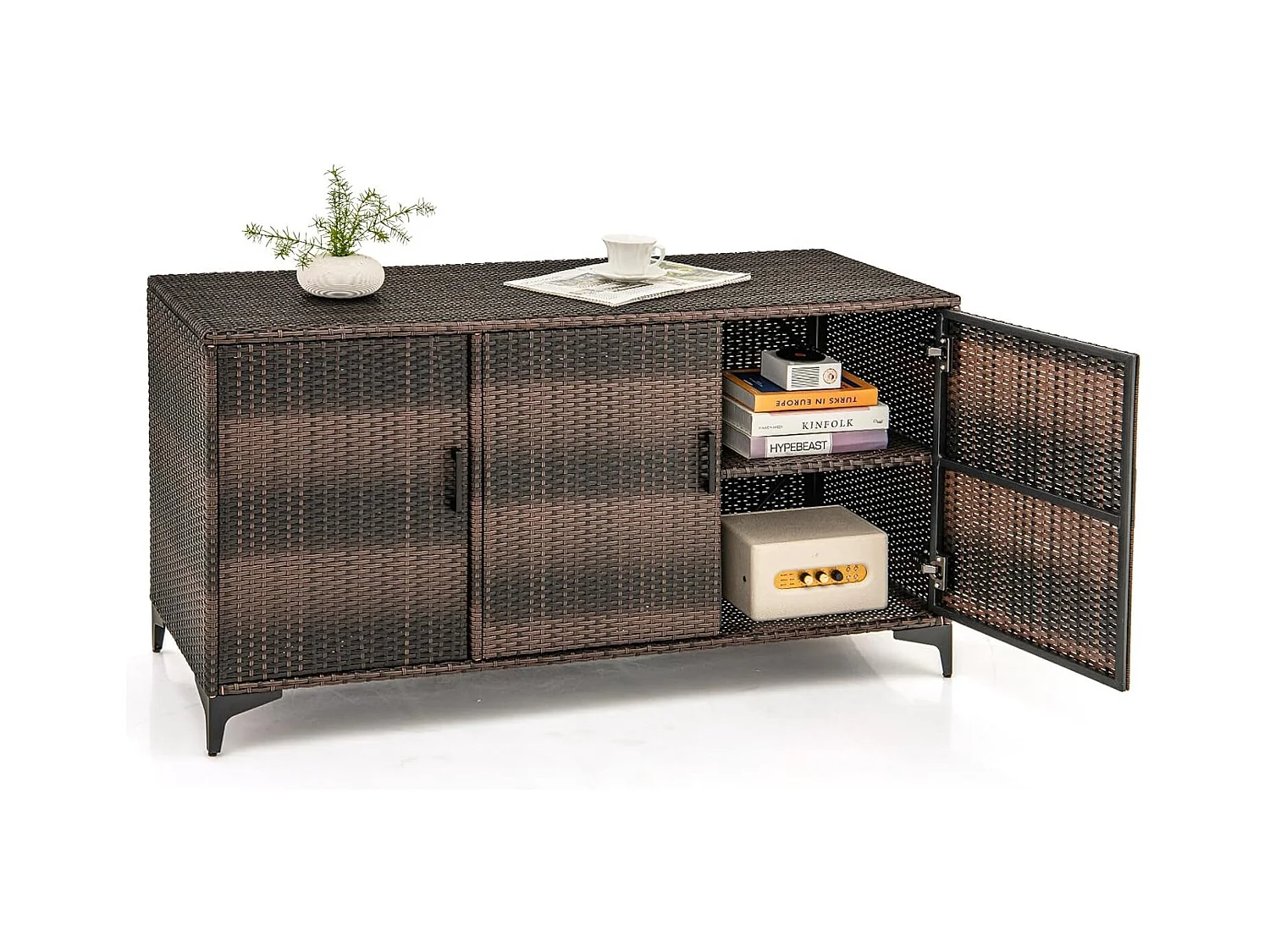 Coffre de Rangement en Résine Tressée 318 L, Boîte de Rangement Jardin avec 3 Portes Étagères Amovibles Grand Bac Étanche (Marron)