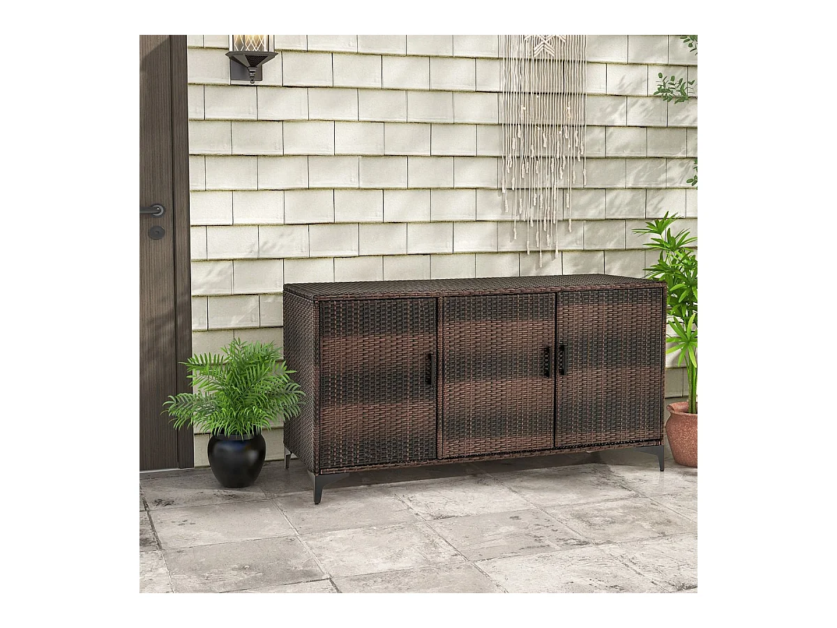 Coffre de Rangement en Résine Tressée 318 L, Boîte de Rangement Jardin avec 3 Portes Étagères Amovibles Grand Bac Étanche (Marron)