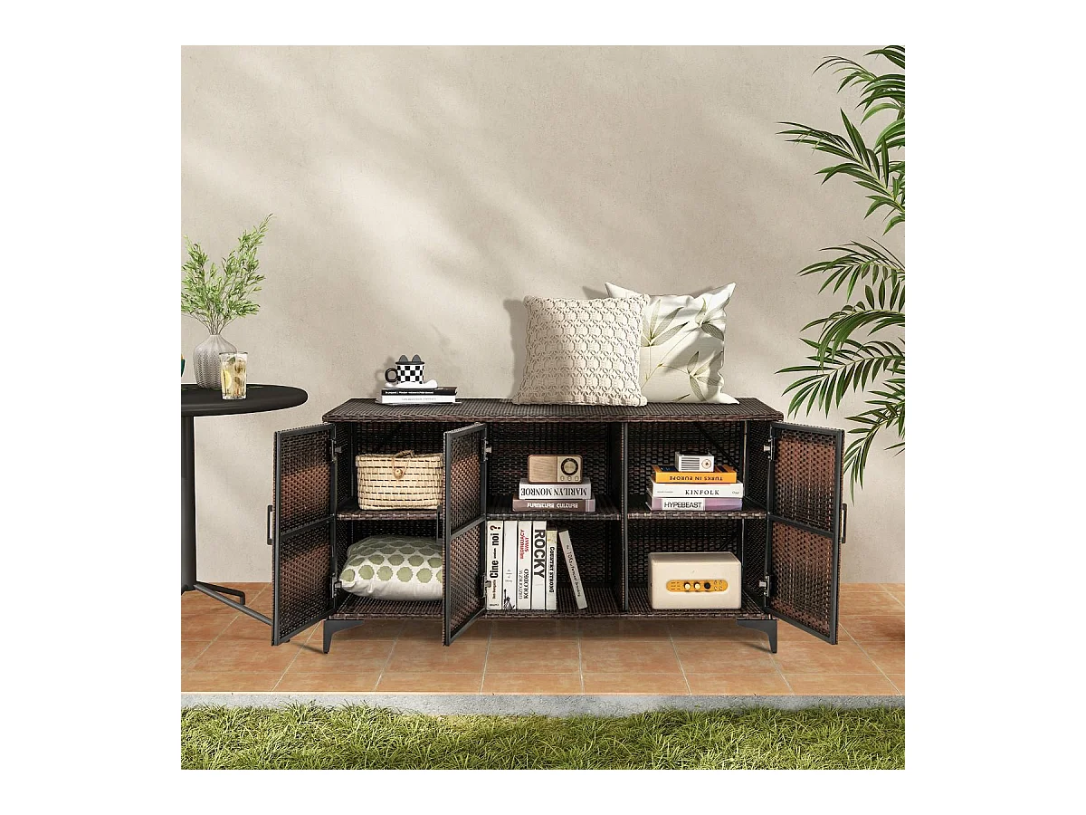 Coffre de Rangement en Résine Tressée 318 L, Boîte de Rangement Jardin avec 3 Portes Étagères Amovibles Grand Bac Étanche (Marron)