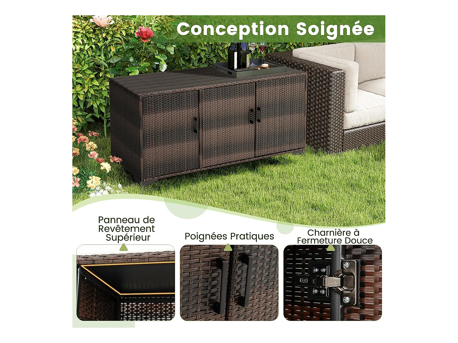 Coffre de Rangement en Résine Tressée 318 L, Boîte de Rangement Jardin avec 3 Portes Étagères Amovibles Grand Bac Étanche (Marron)