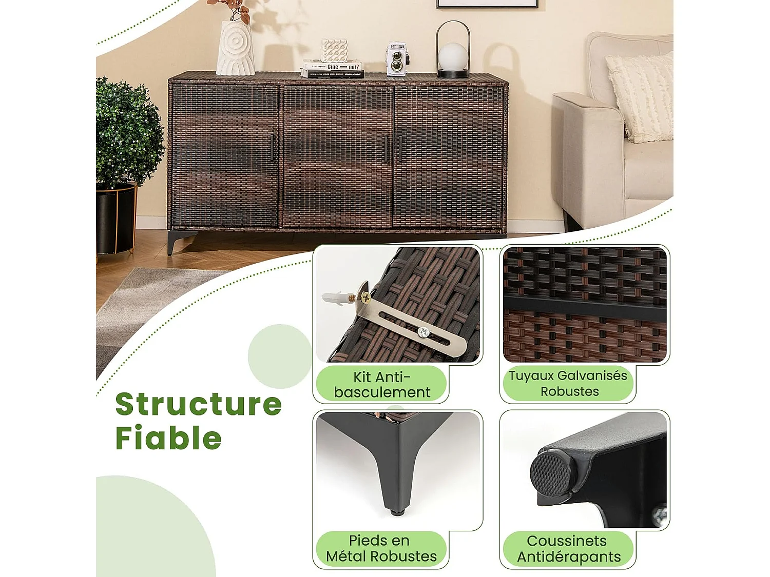 Coffre de Rangement en Résine Tressée 318 L, Boîte de Rangement Jardin avec 3 Portes Étagères Amovibles Grand Bac Étanche (Marron)