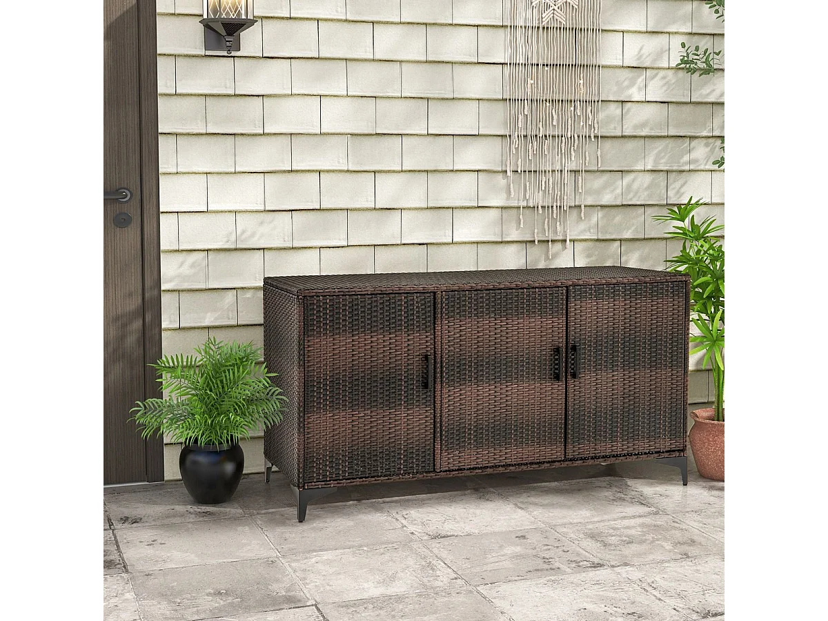 Coffre de Rangement en Résine Tressée 318 L, Boîte de Rangement Jardin avec 3 Portes Étagères Amovibles Grand Bac Étanche (Marron)