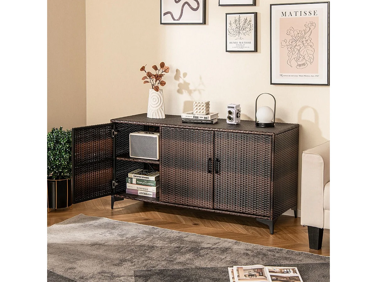 Coffre de Rangement en Résine Tressée 318 L, Boîte de Rangement Jardin avec 3 Portes Étagères Amovibles Grand Bac Étanche (Marron)