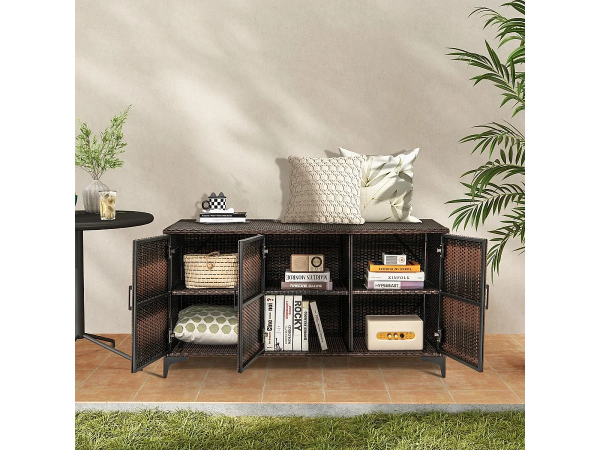 Coffre de Rangement en Résine Tressée 318 L, Boîte de Rangement Jardin avec 3 Portes Étagères Amovibles Grand Bac Étanche (Marron)