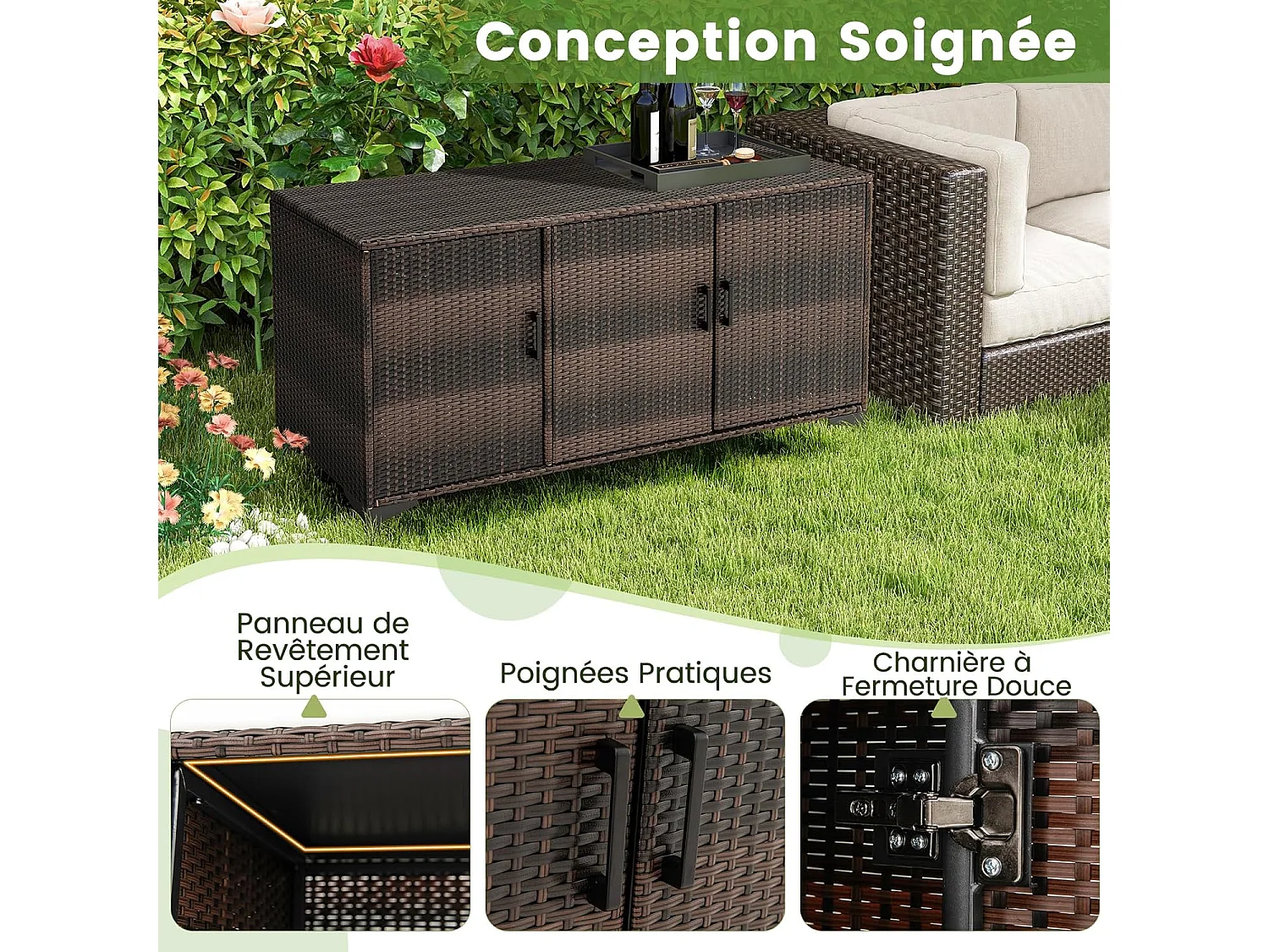 Coffre de Rangement en Résine Tressée 318 L, Boîte de Rangement Jardin avec 3 Portes Étagères Amovibles Grand Bac Étanche (Marron)