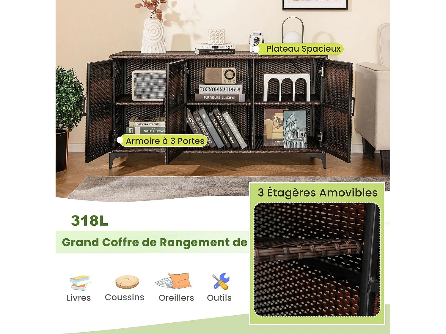 Coffre de Rangement en Résine Tressée 318 L, Boîte de Rangement Jardin avec 3 Portes Étagères Amovibles Grand Bac Étanche (Marron)