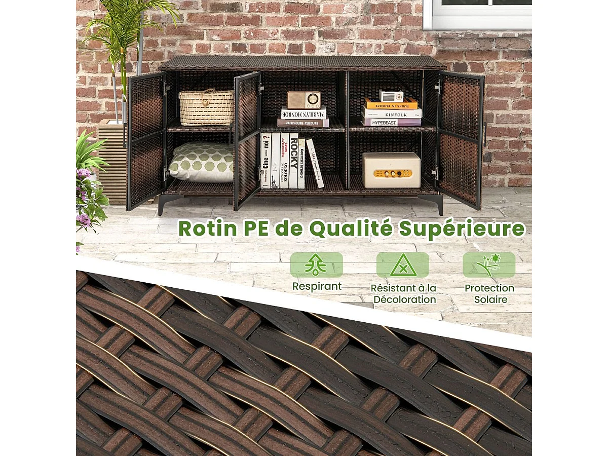 Coffre de Rangement en Résine Tressée 318 L, Boîte de Rangement Jardin avec 3 Portes Étagères Amovibles Grand Bac Étanche (Marron)