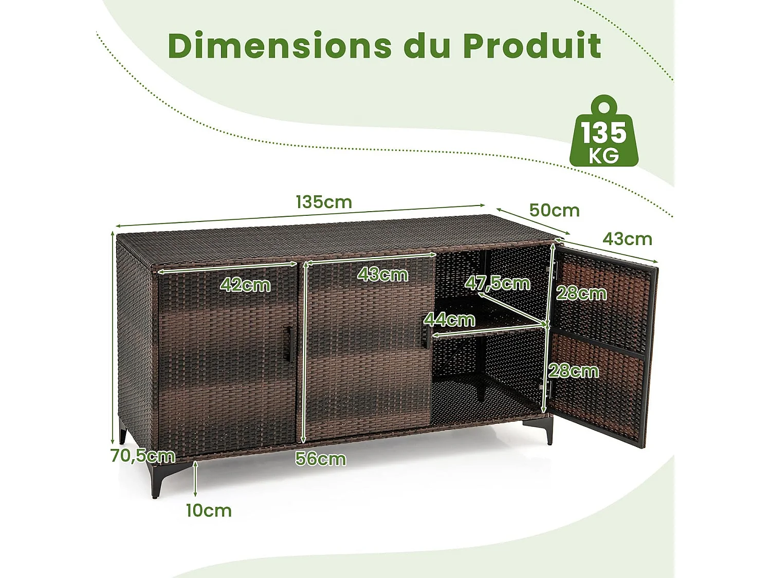 Coffre de Rangement en Résine Tressée 318 L, Boîte de Rangement Jardin avec 3 Portes Étagères Amovibles Grand Bac Étanche (Marron)
