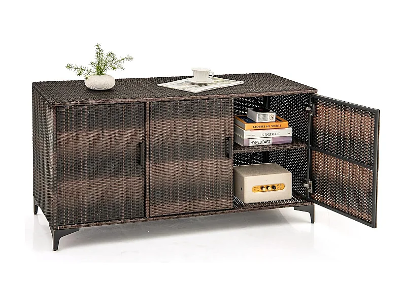 Coffre de Rangement en Résine Tressée 318 L, Boîte de Rangement Jardin avec 3 Portes Étagères Amovibles Grand Bac Étanche (Marron)