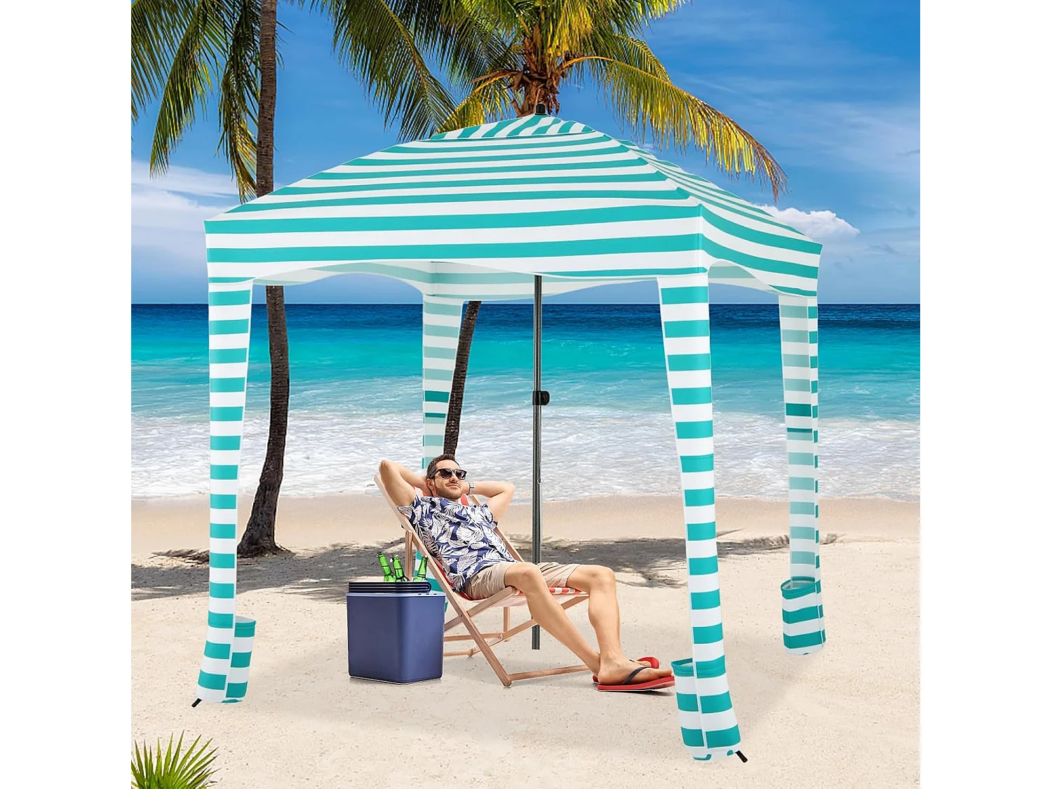 Tente Cabane de Plage Pliable avec Sac de Transport, Auvent de Plage Portable avec Paroi Latérale Amovible 8 Sacs de Sable Protection Solaire ( Vert+Blanc)