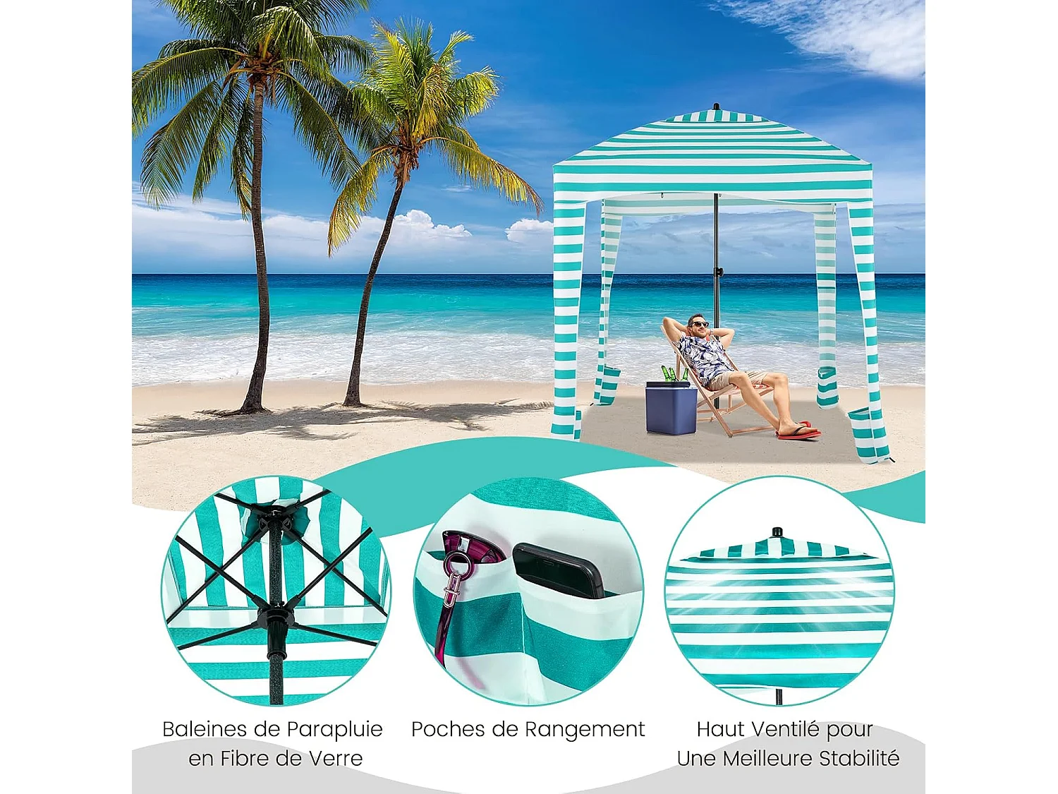 Tente Cabane de Plage Pliable avec Sac de Transport, Auvent de Plage Portable avec Paroi Latérale Amovible 8 Sacs de Sable Protection Solaire ( Vert+Blanc)