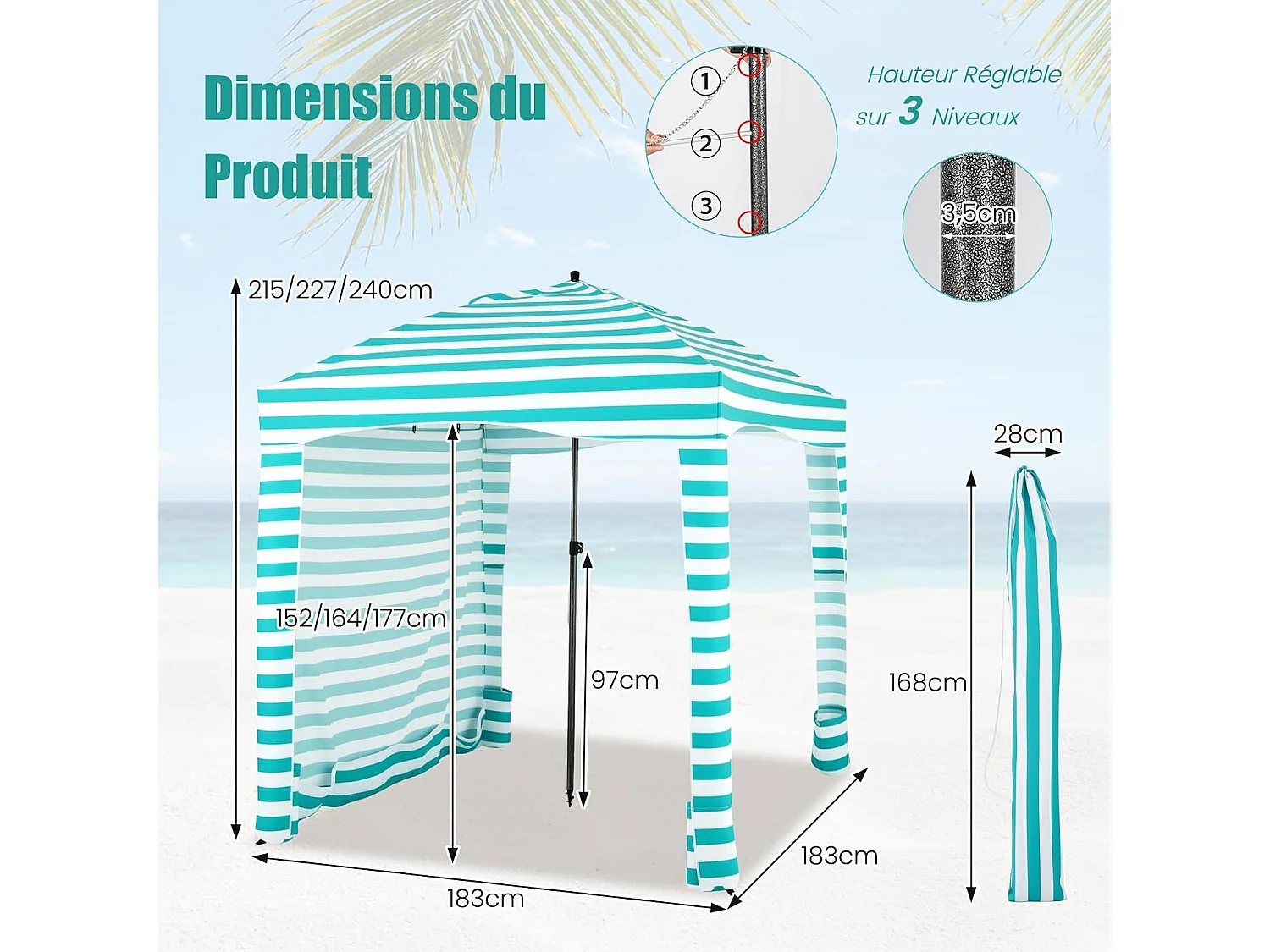Tente Cabane de Plage Pliable avec Sac de Transport, Auvent de Plage Portable avec Paroi Latérale Amovible 8 Sacs de Sable Protection Solaire ( Vert+Blanc)