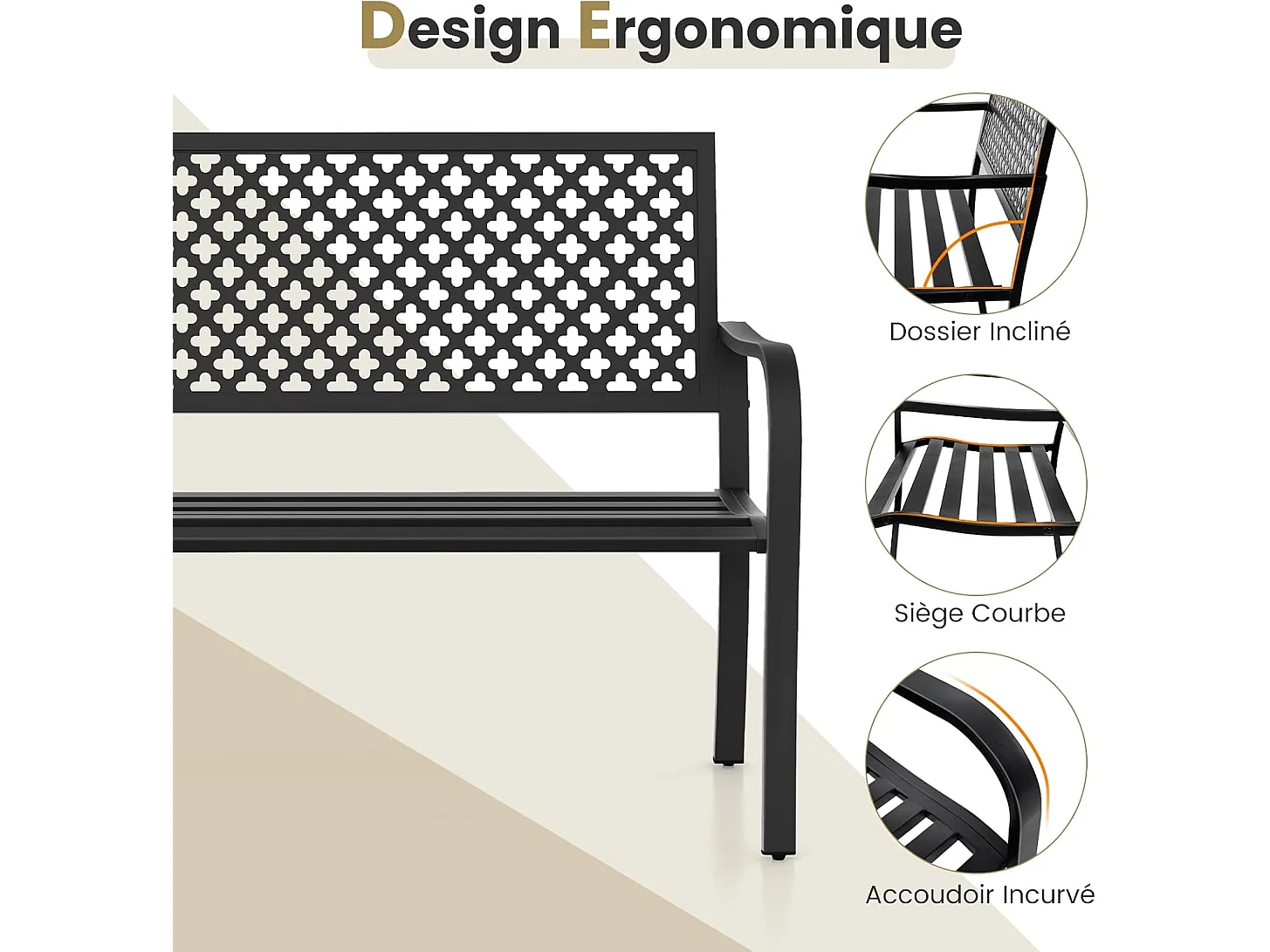 2-zits tuinbank, buitenbank met stalen frame en gebogen armleuningen, terrasstoel met opengewerkte rugleuning en lattenbodem, draagvermogen 300 kg (zwart)