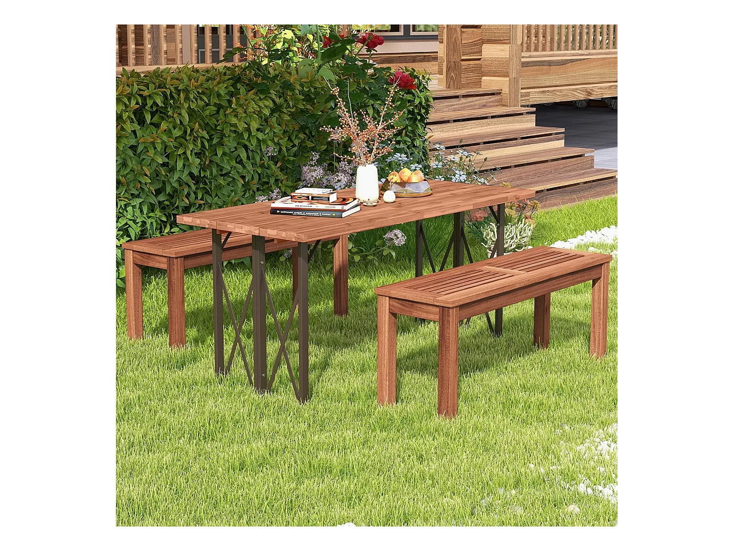 Banc de Jardin en en Bois Massif, Banc de Terrasse sans Dossier avec Assise à Lattes, Charge 150 KG, 2 Places, 100 x 30,5 x 47 CM (100 x 30,5 x 47 cm,2)