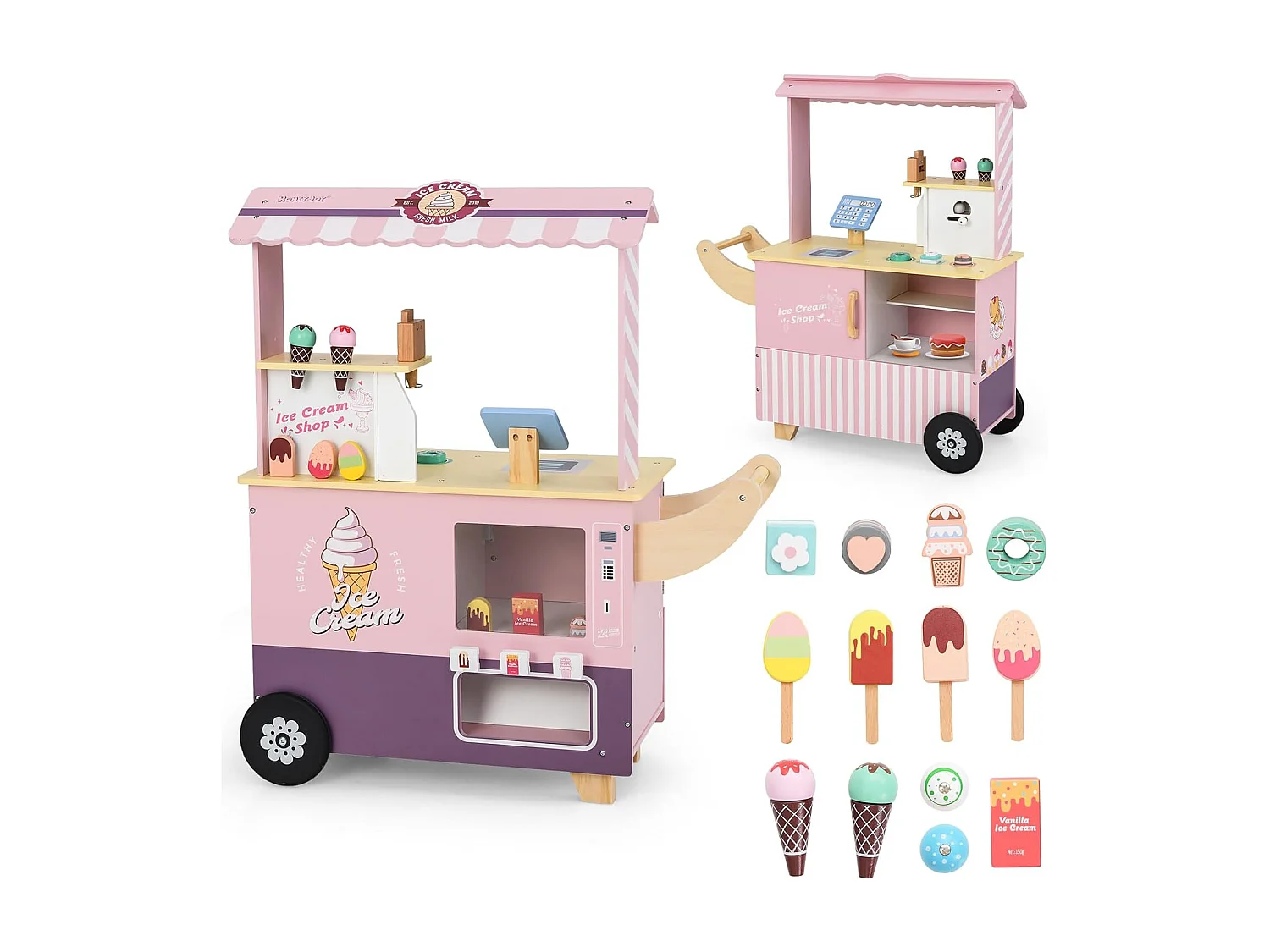 Chariot à Glaces Enfant en Bois avec 15 Accessoires, Magasin de Crème Glacée avec Auvent & Poignée & Caisse, Jeu de Rôle pour 3 Ans+ (Rose)