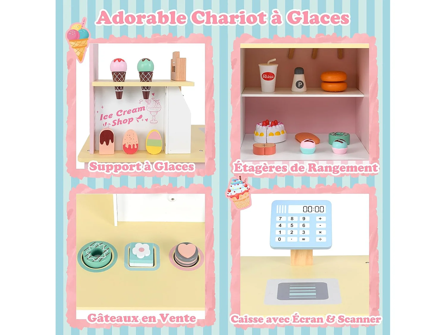 Chariot à Glaces Enfant en Bois avec 15 Accessoires, Magasin de Crème Glacée avec Auvent & Poignée & Caisse, Jeu de Rôle pour 3 Ans+ (Rose)