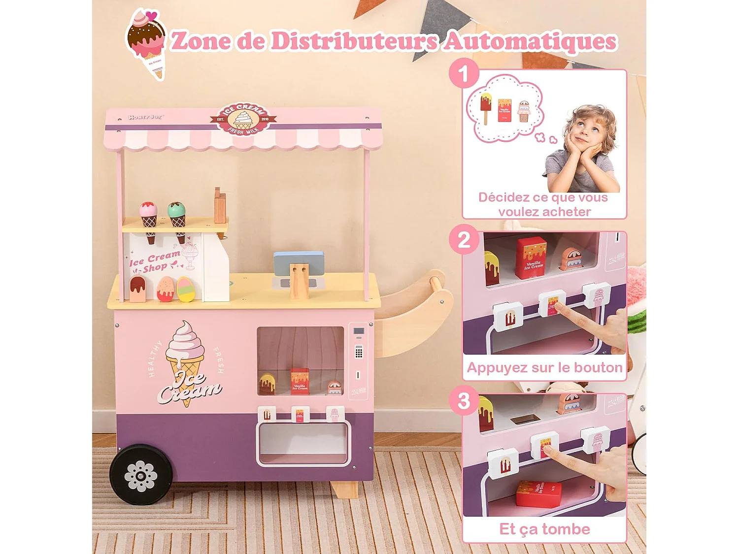 Chariot à Glaces Enfant en Bois avec 15 Accessoires, Magasin de Crème Glacée avec Auvent & Poignée & Caisse, Jeu de Rôle pour 3 Ans+ (Rose)