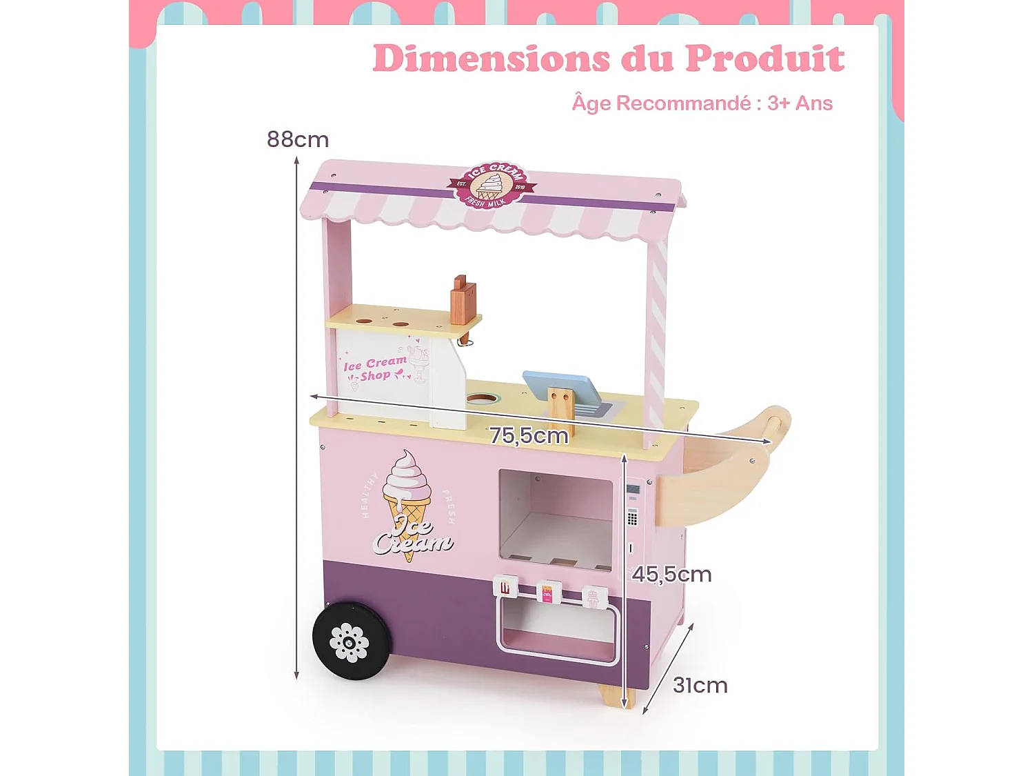 Chariot à Glaces Enfant en Bois avec 15 Accessoires, Magasin de Crème Glacée avec Auvent & Poignée & Caisse, Jeu de Rôle pour 3 Ans+ (Rose)