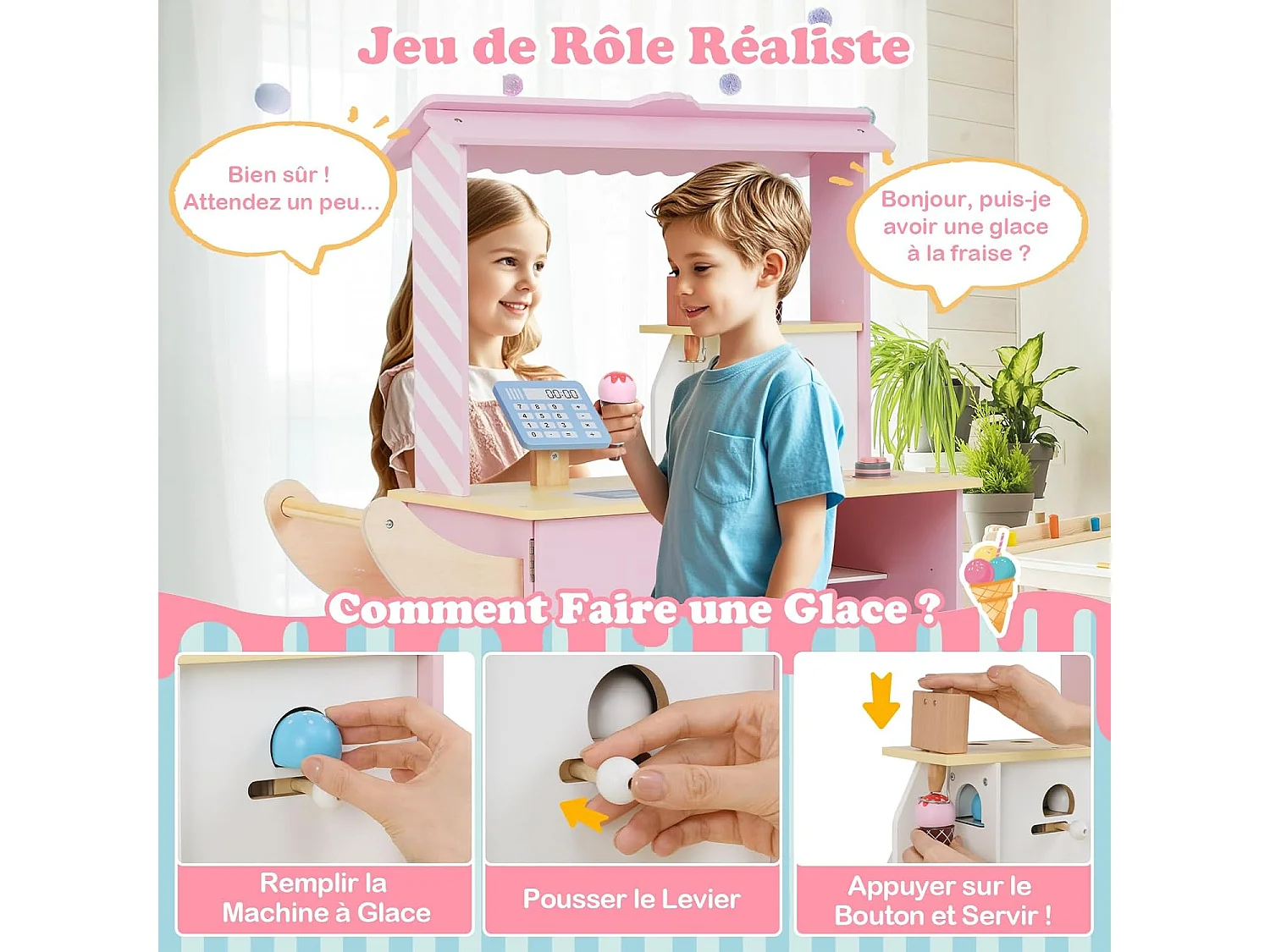 Chariot à Glaces Enfant en Bois avec 15 Accessoires, Magasin de Crème Glacée avec Auvent & Poignée & Caisse, Jeu de Rôle pour 3 Ans+ (Rose)