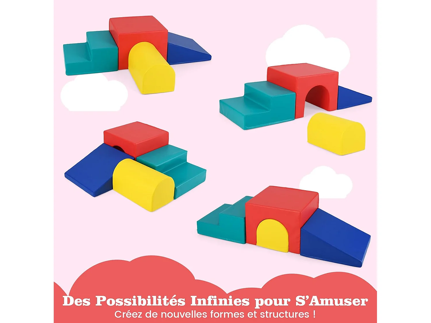 4 PCS Parcours Motricité Bébé en Mousse avec Housse Amovible, Module Motricité Bébé avec Toboggan & Différentes Formes, Jouets Éducatifs Colorée (Rouge+Bleu)