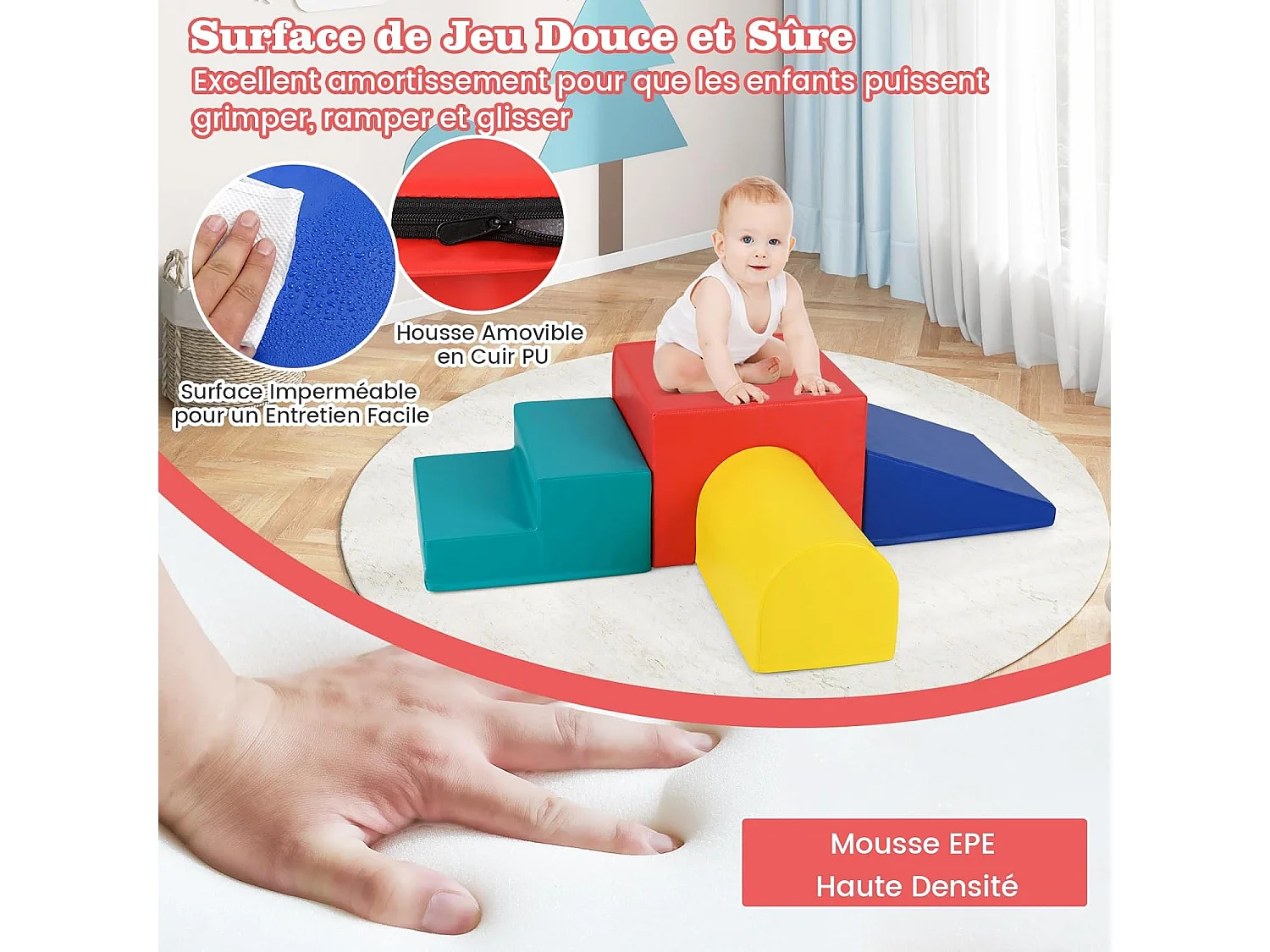 4 PCS Parcours Motricité Bébé en Mousse avec Housse Amovible, Module Motricité Bébé avec Toboggan & Différentes Formes, Jouets Éducatifs Colorée (Rouge+Bleu)