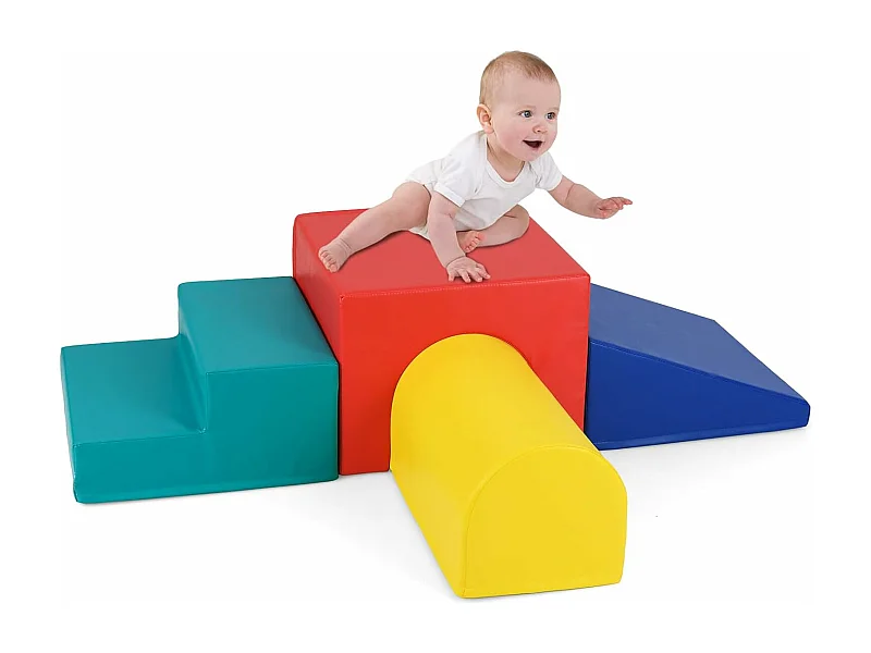 4 PCS Parcours Motricité Bébé en Mousse avec Housse Amovible, Module Motricité Bébé avec Toboggan & Différentes Formes, Jouets Éducatifs Colorée (Rouge+Bleu)