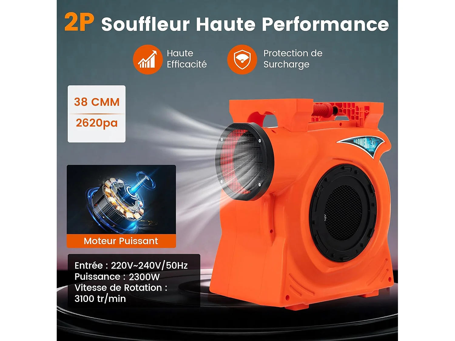 Gonfleur Électrique 220-240V/2300 W Portable & Empilable, Pompe à Air Électrique avec Moteur Puissant et Coussinets Antidérapants pour Château Gonflable et Toboggan