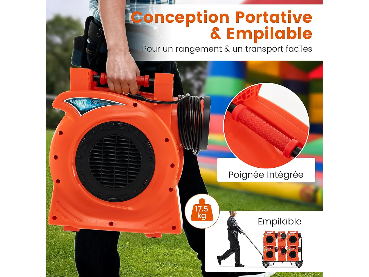 Gonfleur Électrique 220-240V/2300 W Portable & Empilable, Pompe à Air Électrique avec Moteur Puissant et Coussinets Antidérapants pour Château Gonflable et Toboggan