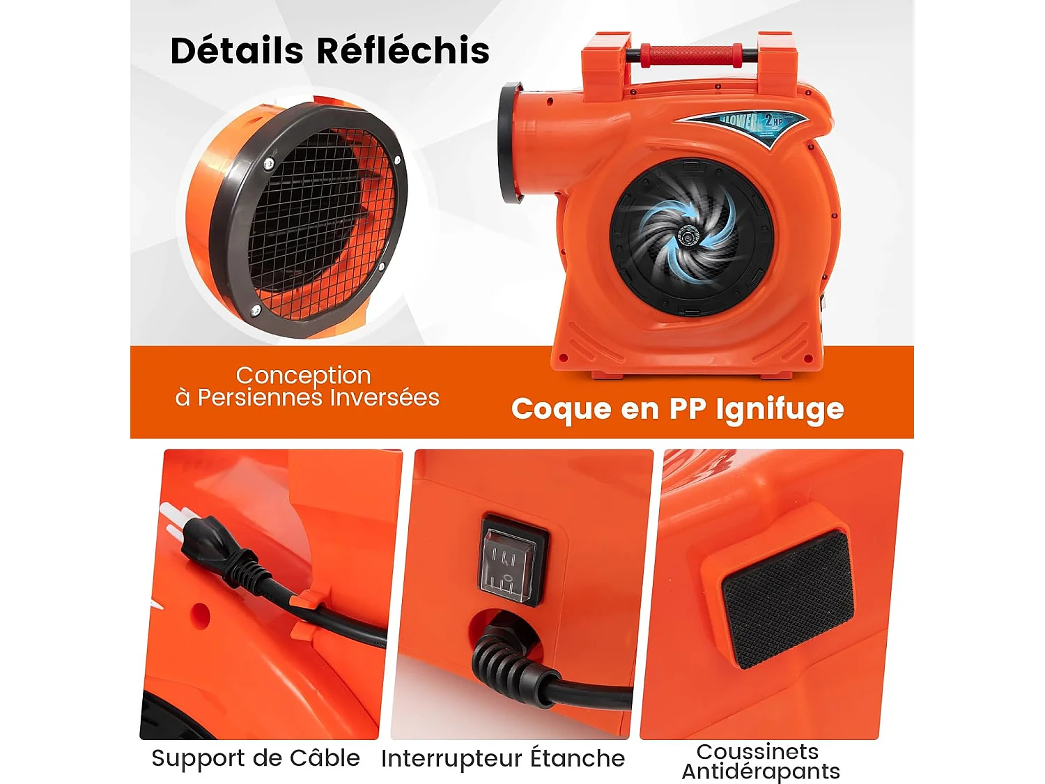 Gonfleur Électrique 220-240V/2300 W Portable & Empilable, Pompe à Air Électrique avec Moteur Puissant et Coussinets Antidérapants pour Château Gonflable et Toboggan