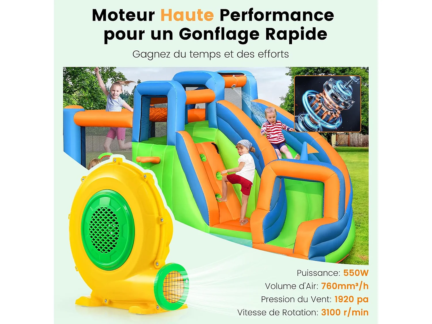 Gonfleur Électrique 550W avec Poignée Pratique & Piquets de Sol, Pompe à Air avec Cordon 4m & Couvercle en Maille, Souffleur d'air pour Château Gonflable (550W)
