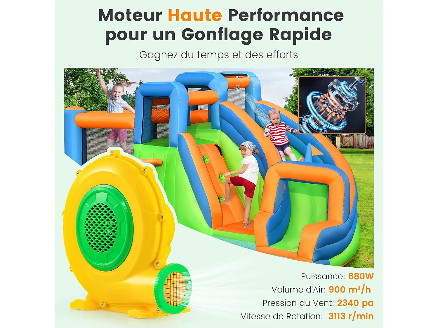 Gonfleur Électrique 680W avec Poignée Pratique & Piquets de Sol, Pompe à Air avec Cordon 4m & Couvercle en Maille, Souffleur d'air pour Château Gonflable (680W)