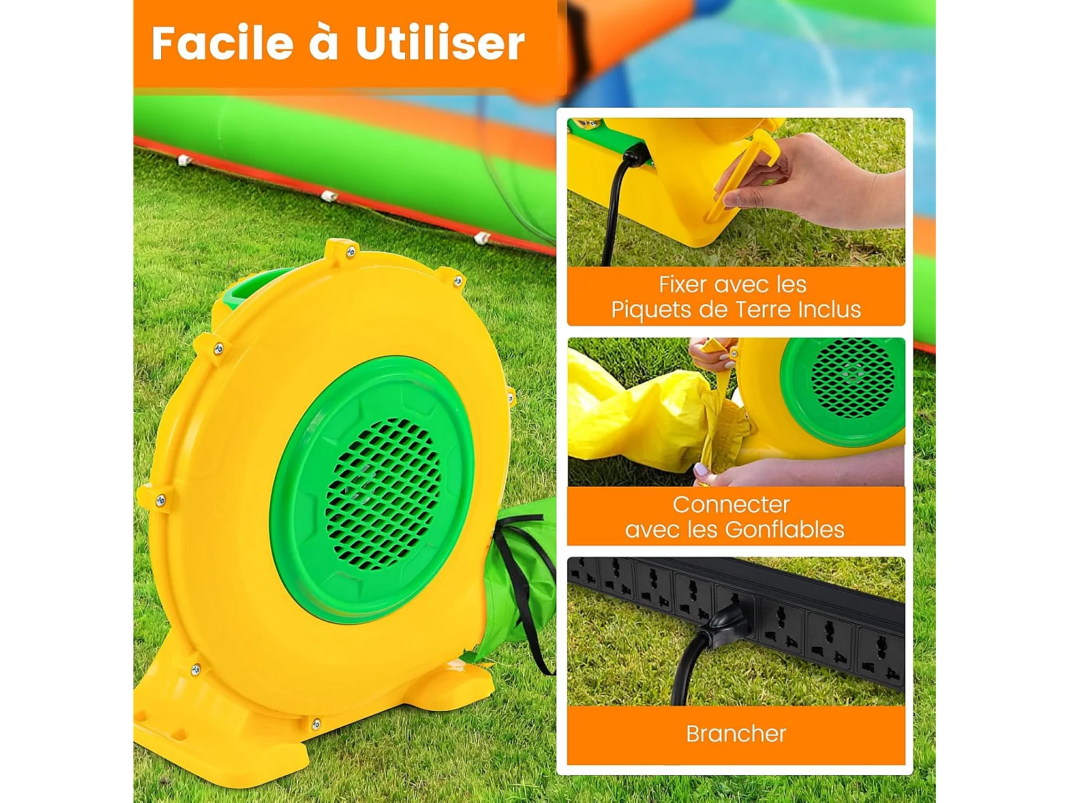 Gonfleur Électrique 680W avec Poignée Pratique & Piquets de Sol, Pompe à Air avec Cordon 4m & Couvercle en Maille, Souffleur d'air pour Château Gonflable (680W)