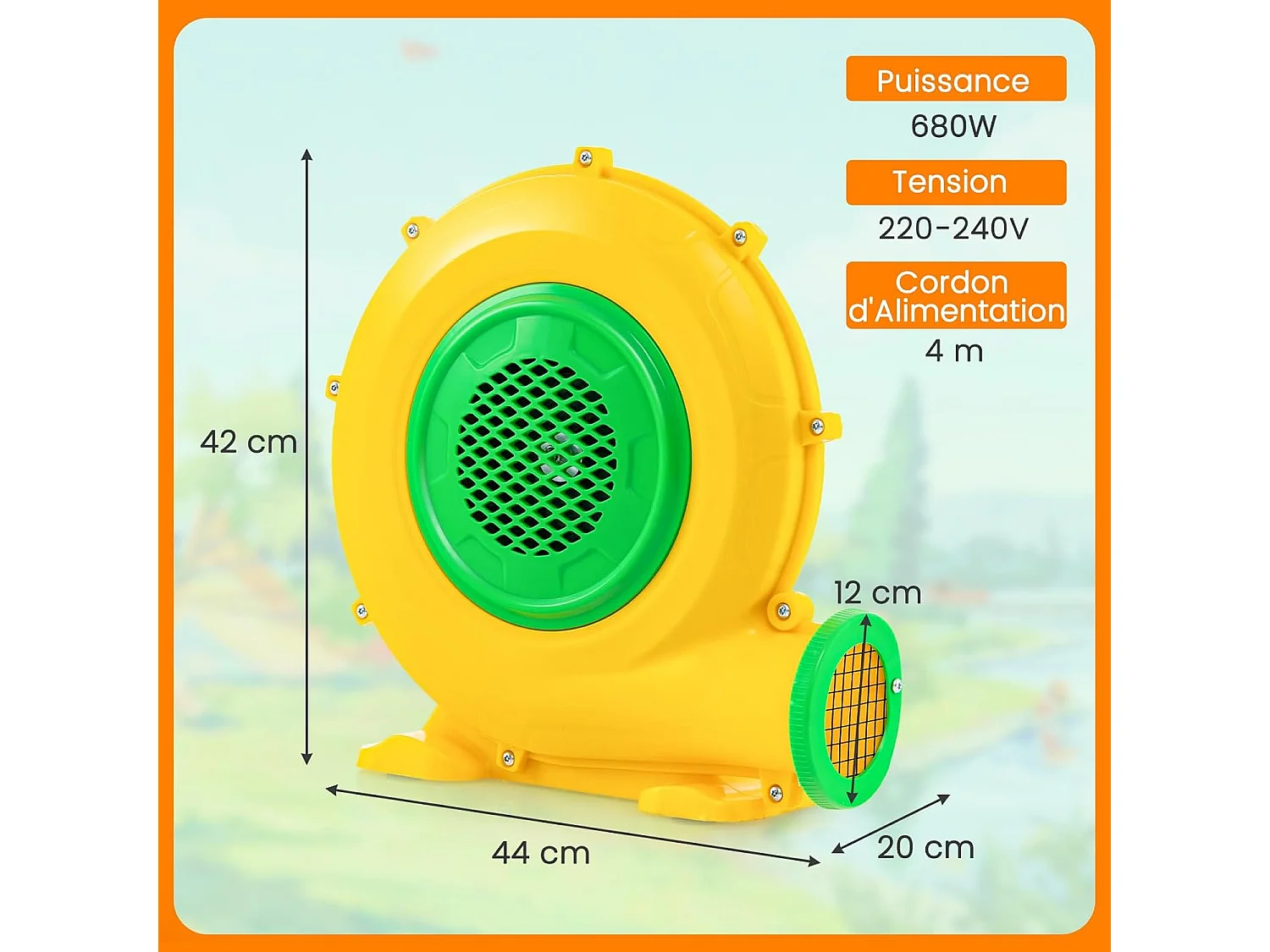 Gonfleur Électrique 680W avec Poignée Pratique & Piquets de Sol, Pompe à Air avec Cordon 4m & Couvercle en Maille, Souffleur d'air pour Château Gonflable (680W)
