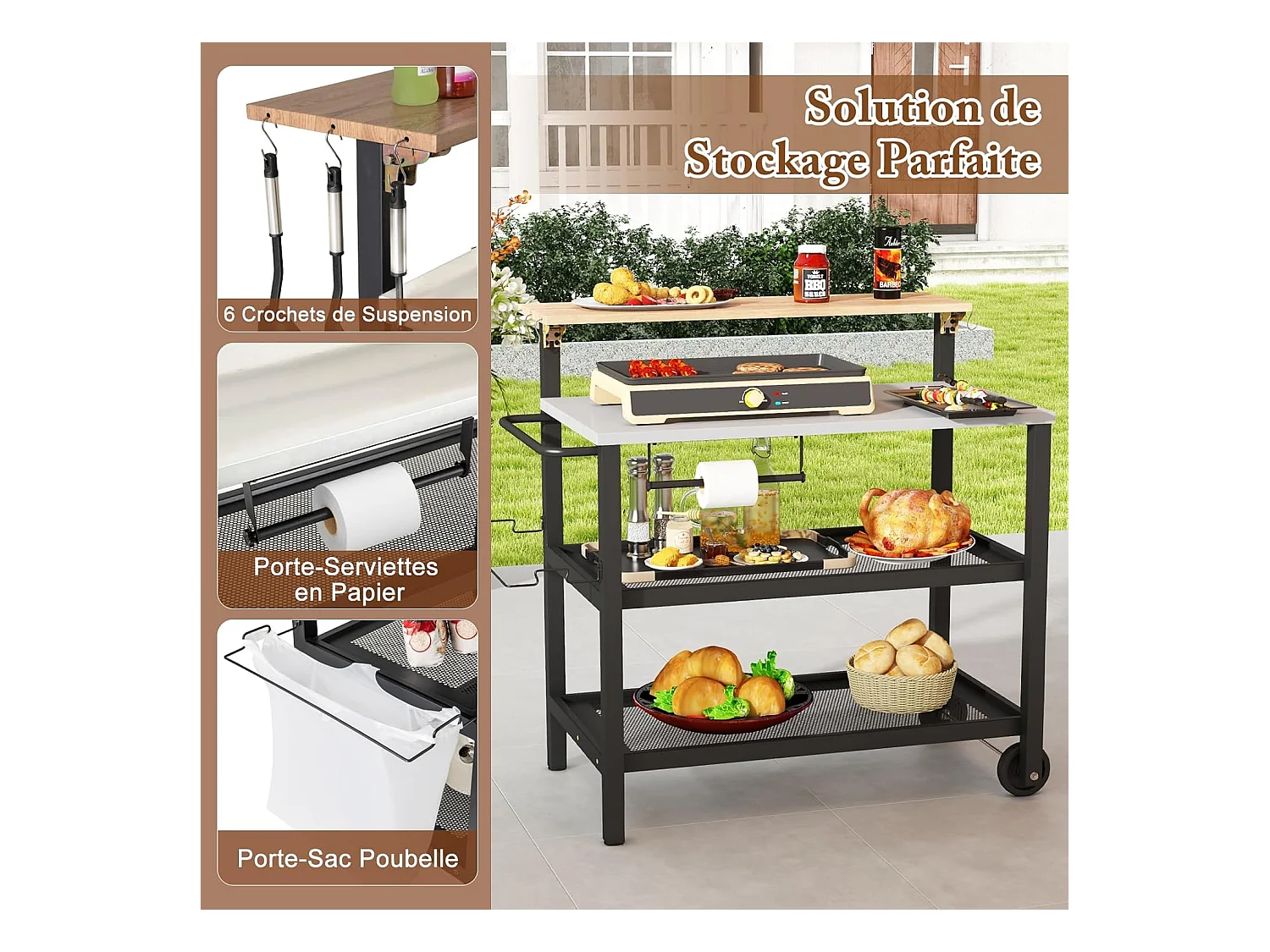 Desserte à roulettes avec Table Rabattable, Chariot Service de Cuisine à 3 Étagères avec Crochets Porte-Serviettes Support de Sac Poubelle