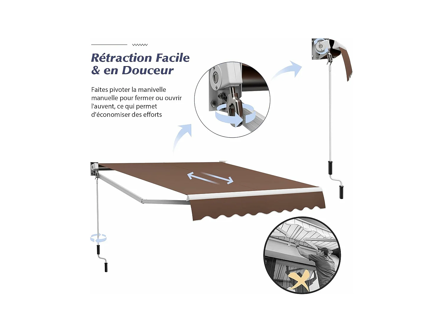 Store Banne Manuel Rétractable de 295 x 250CM Angle Ajustable 40°-100°, Auvent de Terrasse en Aluminium Manivelle Tissu Résistant aux UV et Eau (Marron)