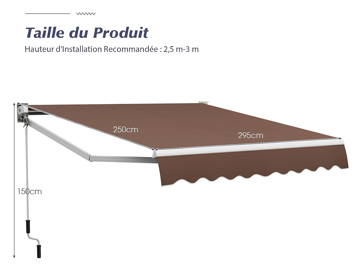 Store Banne Manuel Rétractable de 295 x 250CM Angle Ajustable 40°-100°, Auvent de Terrasse en Aluminium Manivelle Tissu Résistant aux UV et Eau (Marron)