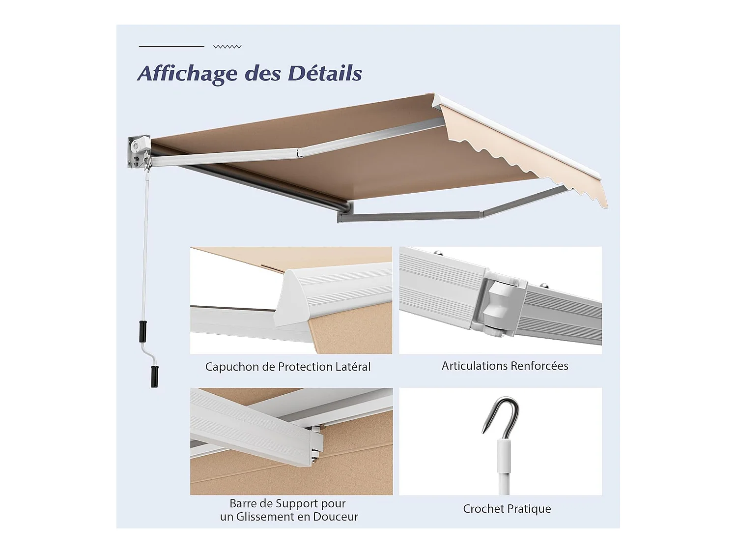 Store Banne Manuel Rétractable de 295 x 250CM Angle Ajustable 40°-100°, Auvent de Terrasse en Aluminium Manivelle Tissu Résistant aux UV et Eau (Marron)