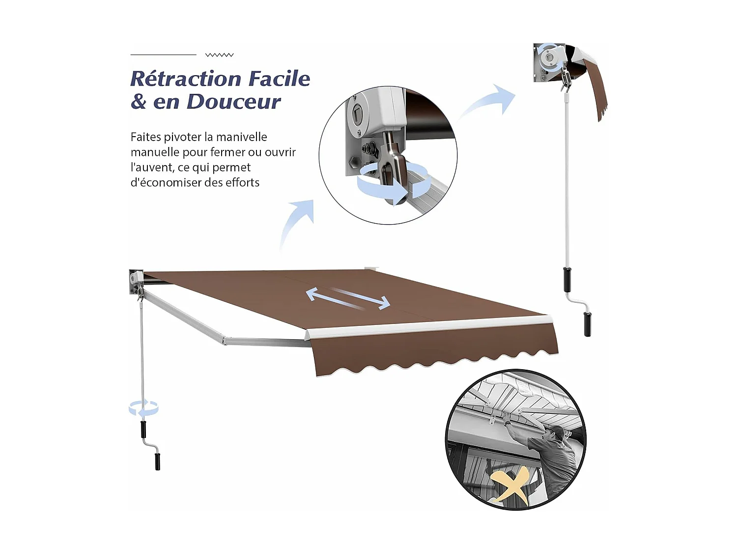 Store Banne Manuel Rétractable de 295 x 250CM Angle Ajustable 40°-100°, Auvent de Terrasse en Aluminium Manivelle Tissu Résistant aux UV et Eau (Marron)